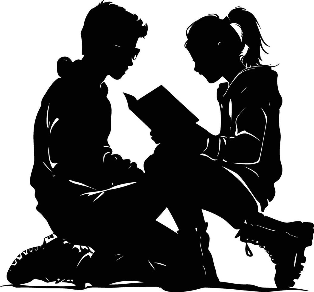 ai generado silueta adolescente niña y chico leyendo libro juntos negro color solamente vector