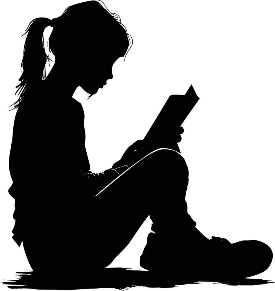 AI generated Silhouette teenager girl reading book black color only vector