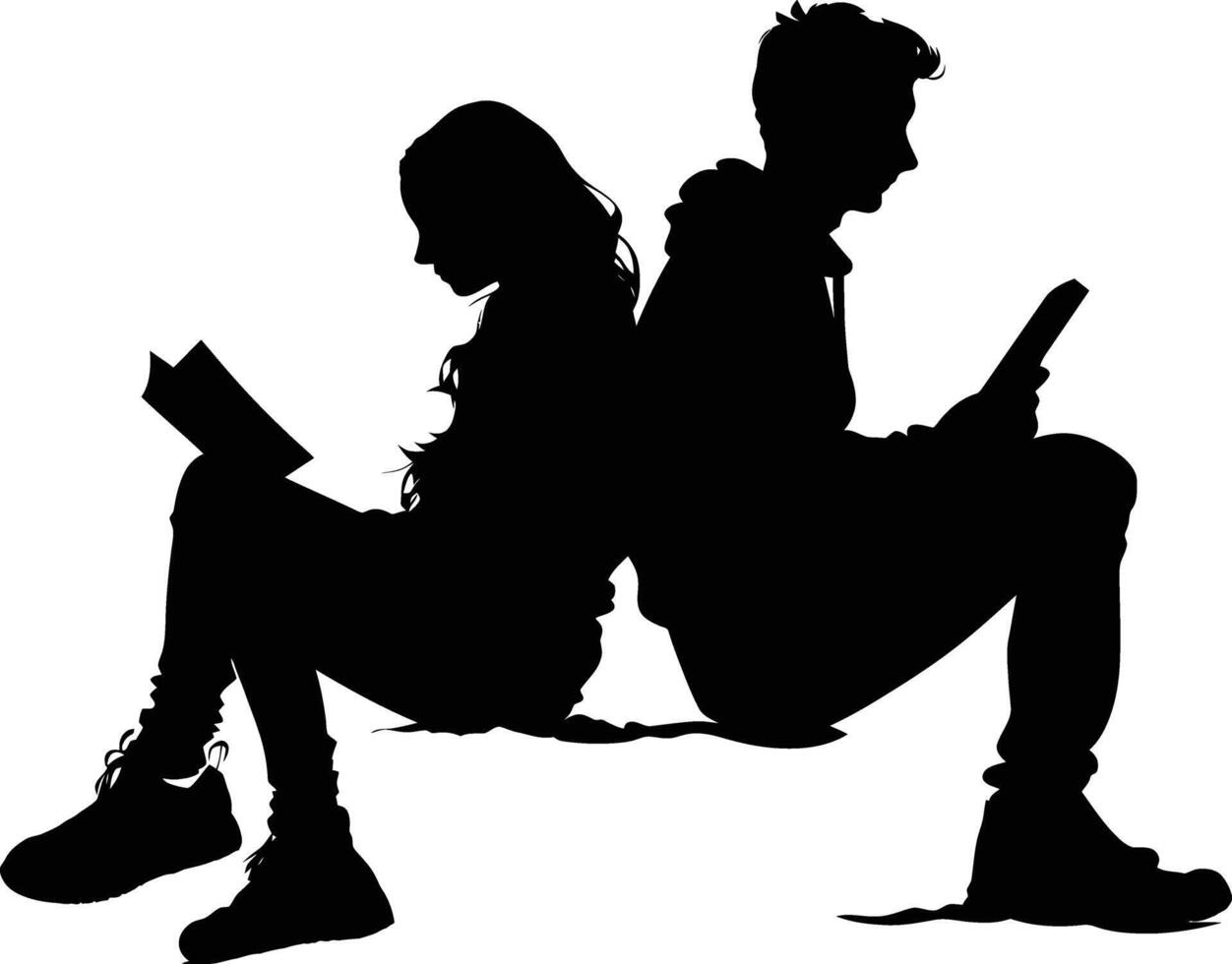 AI generated Silhouette teenager girl and boy reading book together black color only vector