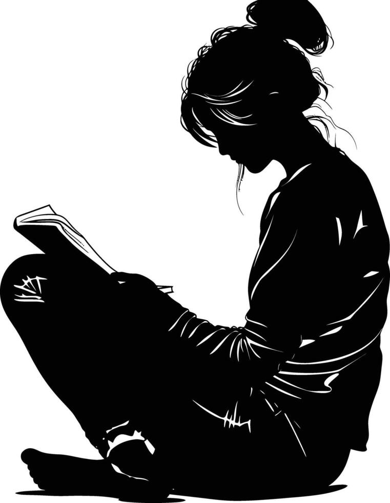AI generated Silhouette teenager girl reading book black color only vector
