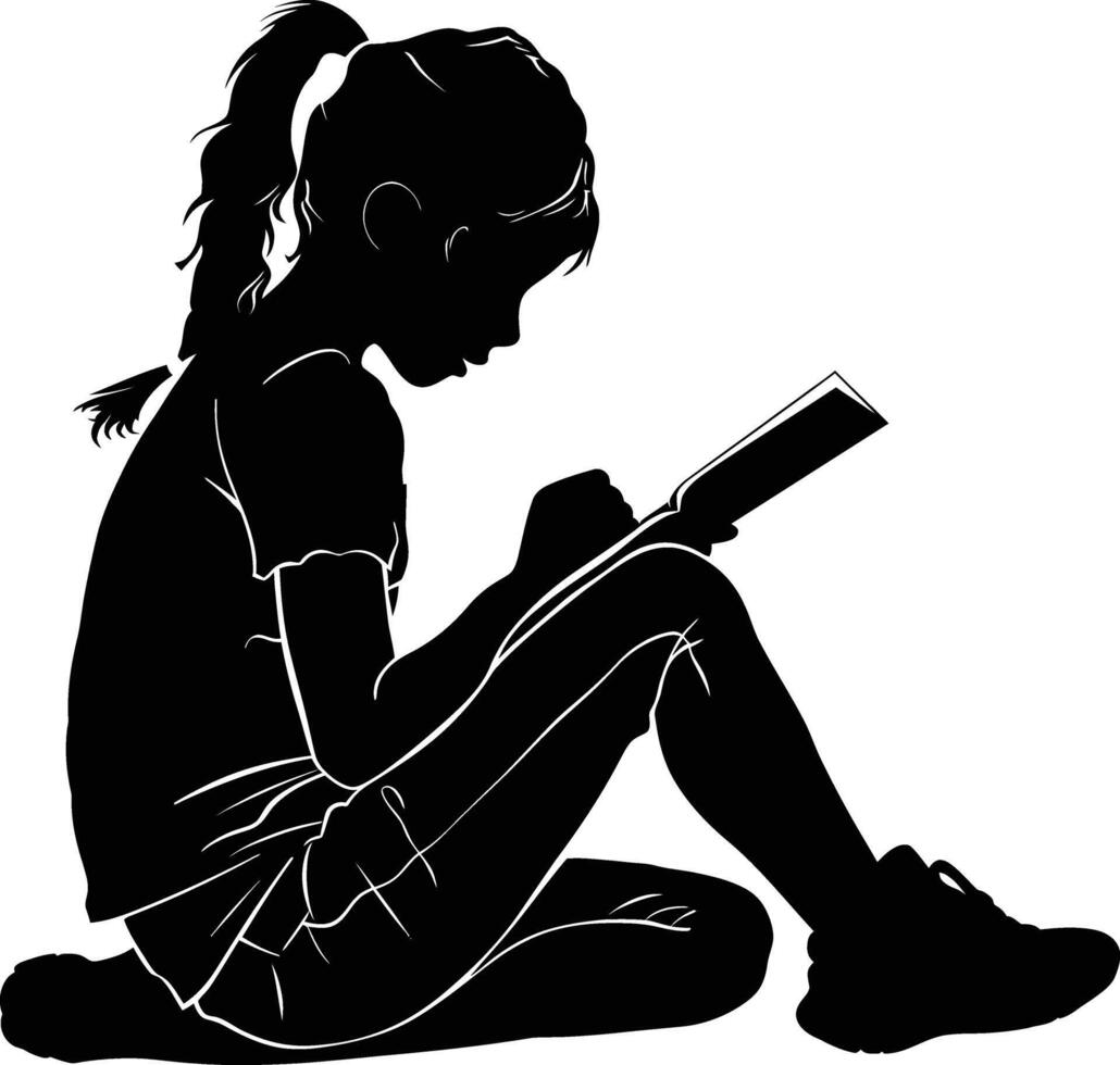 AI generated Silhouette teenager girl reading book black color only vector