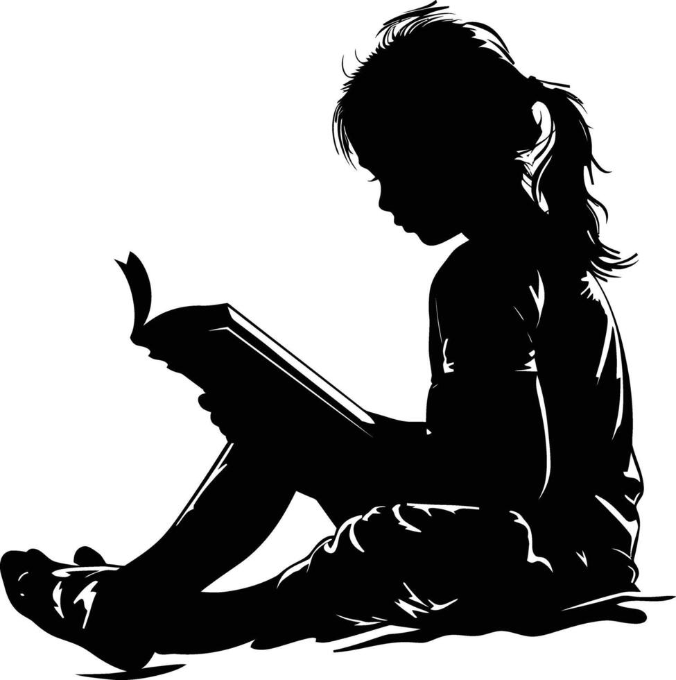 AI generated Silhouette teenager girl reading book black color only vector