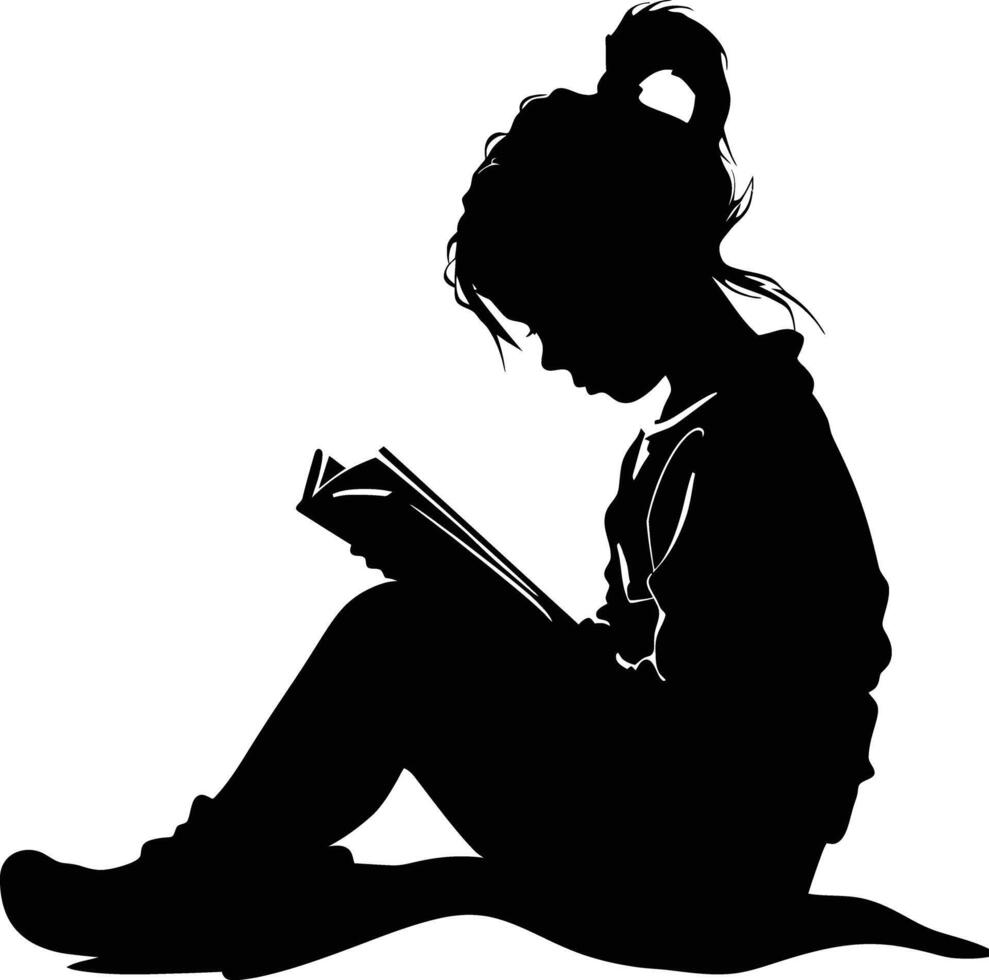 AI generated Silhouette teenager girl reading book black color only vector