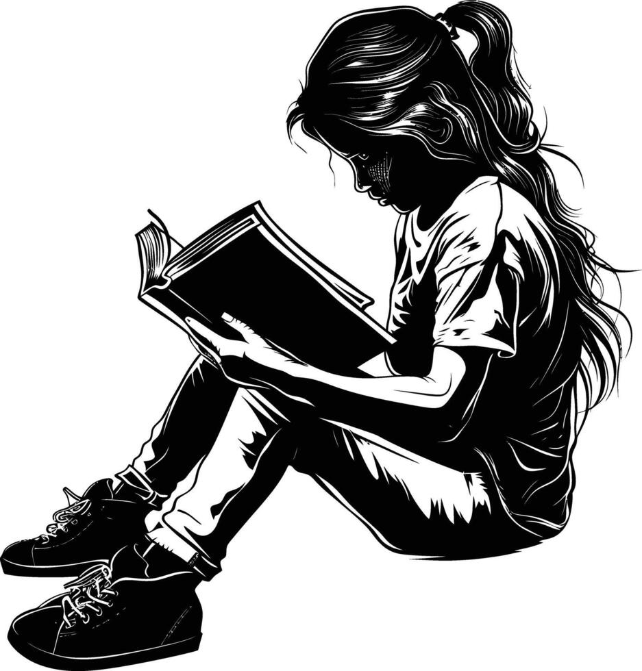 ai generado silueta adolescente niña leyendo libro negro color solamente vector