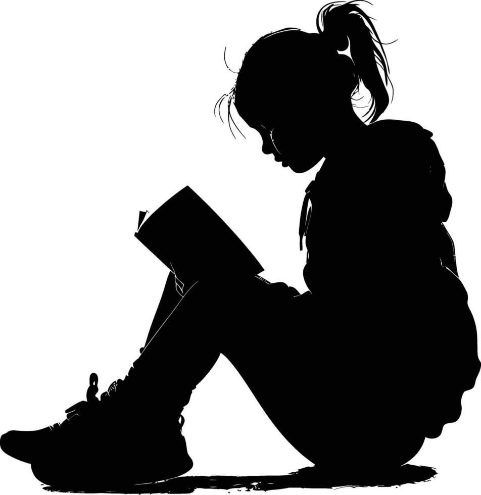 AI generated Silhouette teenager girl reading book black color only vector