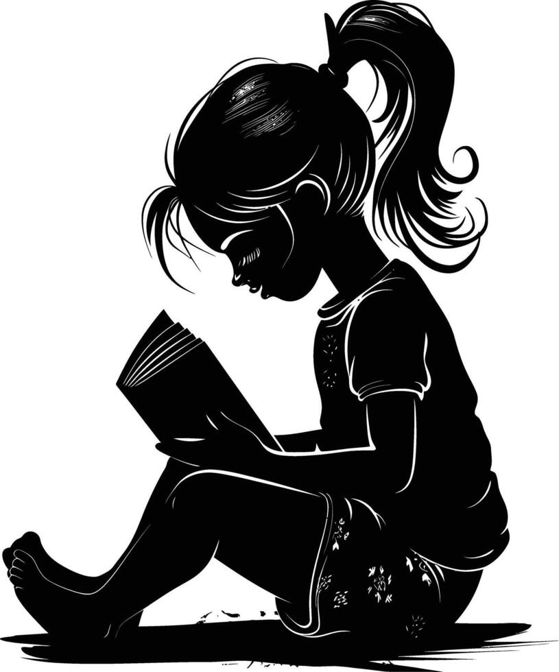 AI generated Silhouette teenager girl reading book black color only vector