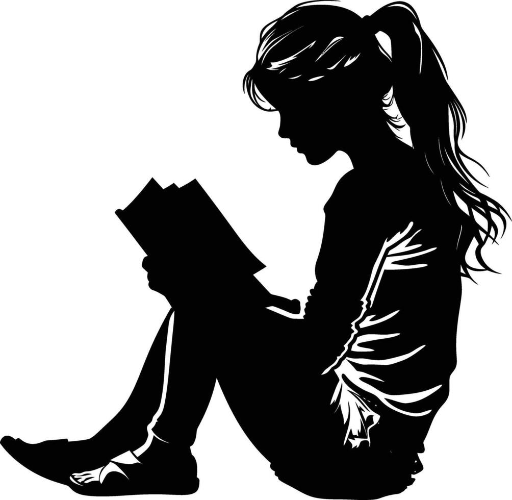 ai generado silueta adolescente niña leyendo libro negro color solamente vector