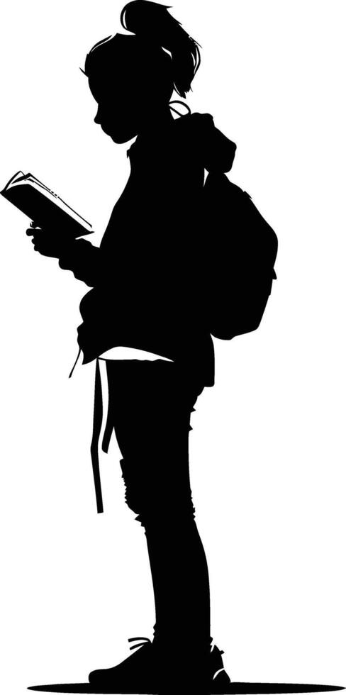 AI generated Silhouette teenager girl reading book black color only vector