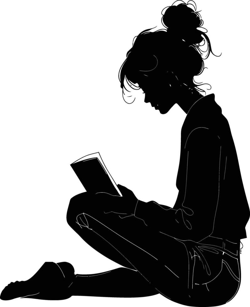 AI generated Silhouette teenager girl reading book black color only vector