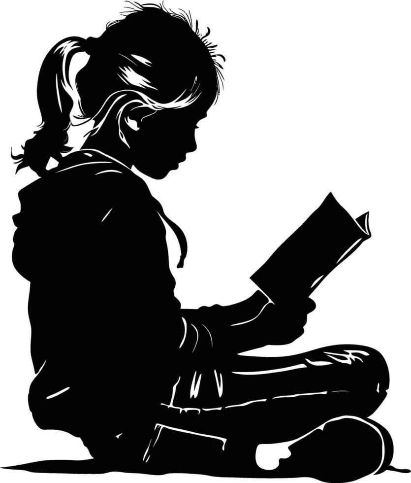 AI generated Silhouette teenager girl reading book black color only vector