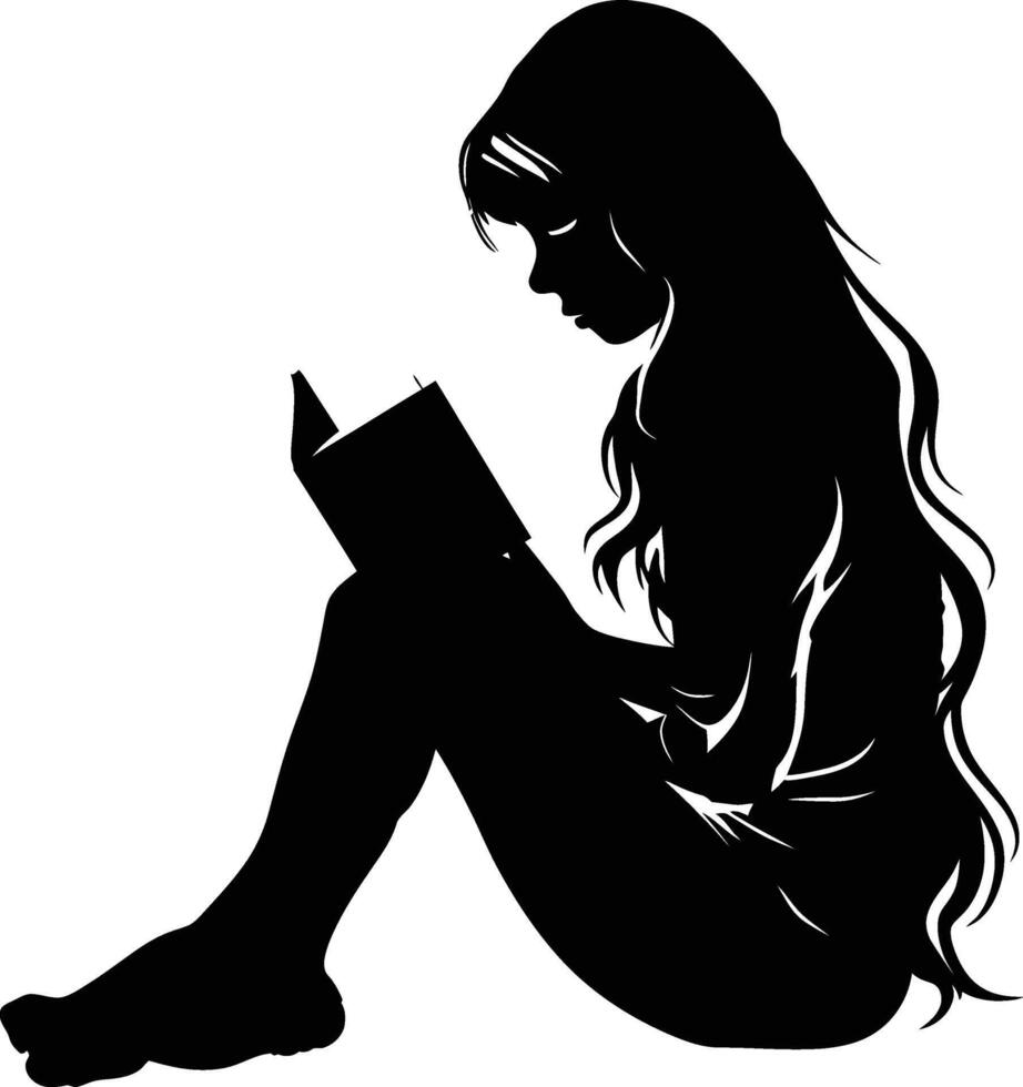 AI generated Silhouette teenager girl reading book black color only vector