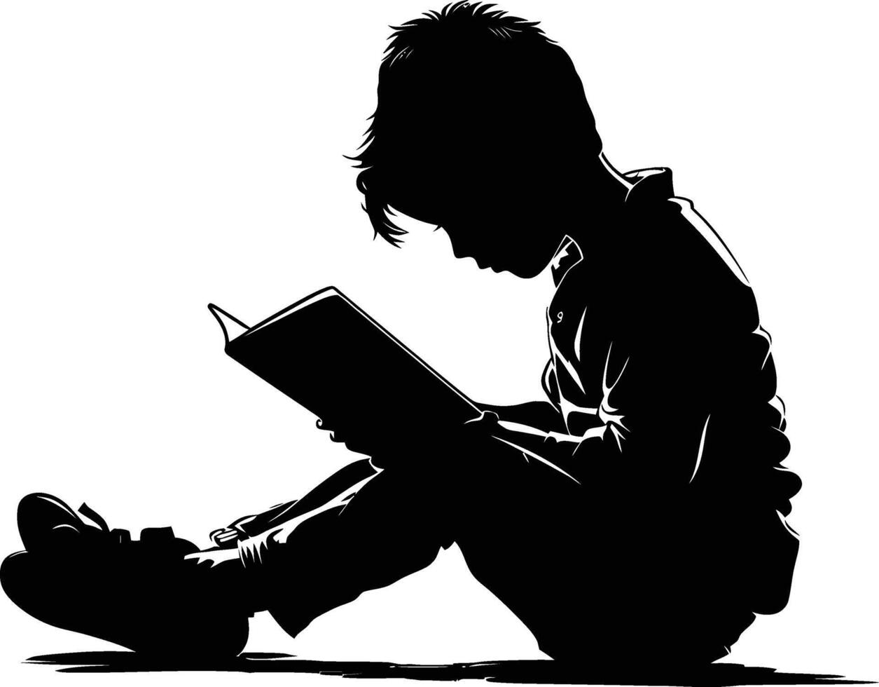 AI generated Silhouette teenager reading book black color only vector