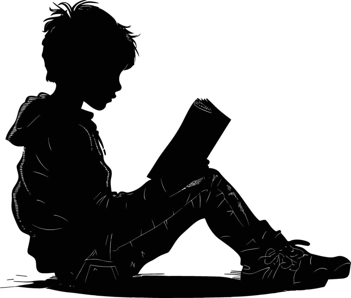 AI generated Silhouette teenager reading book black color only vector