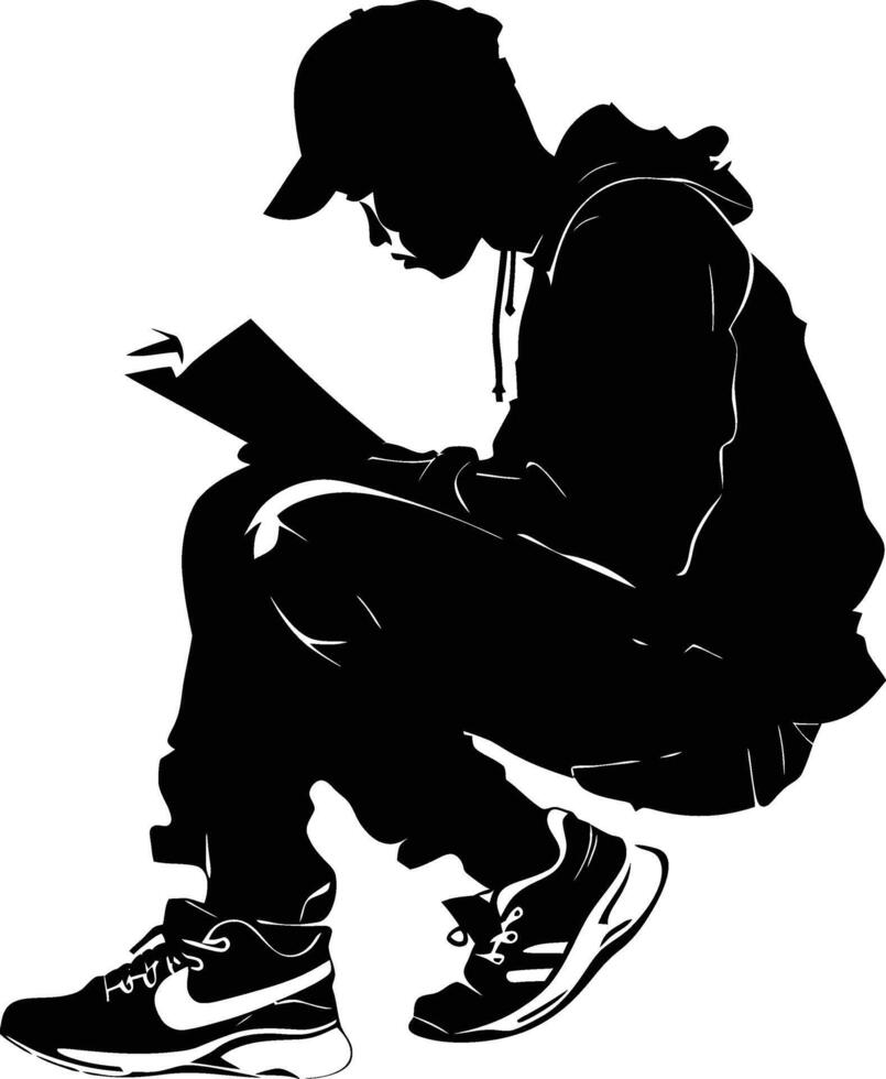 AI generated Silhouette teenager reading book black color only vector