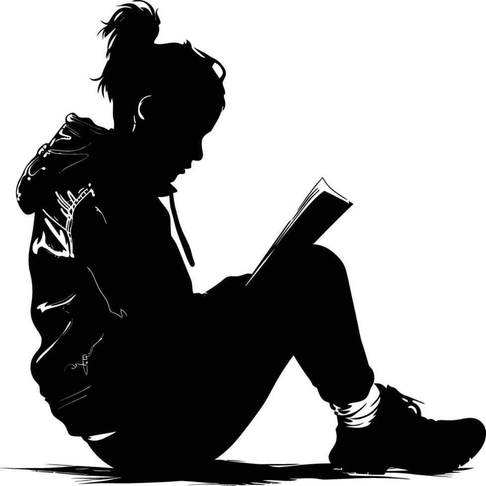 AI generated Silhouette teenager reading book black color only vector