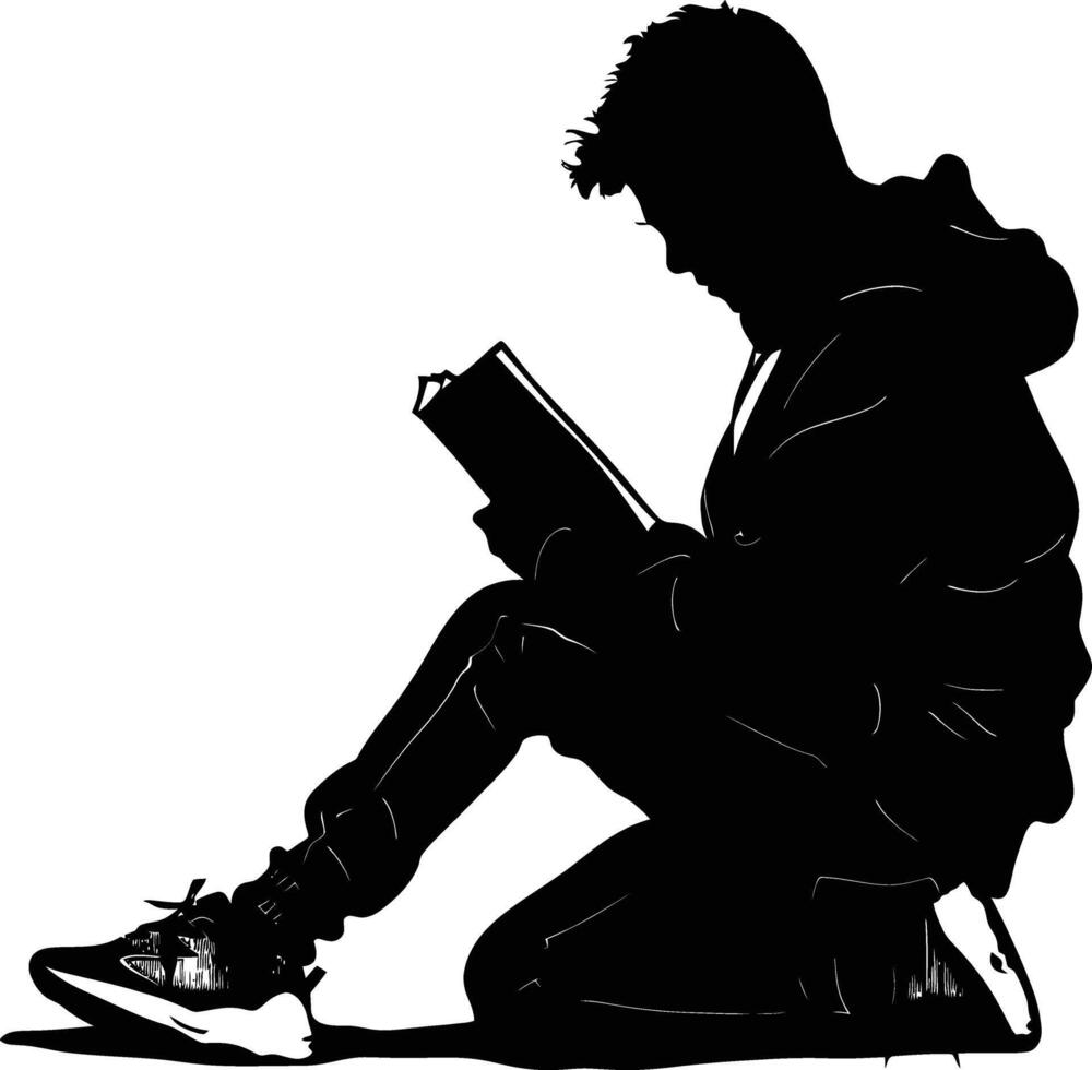 AI generated Silhouette teenager reading book black color only vector