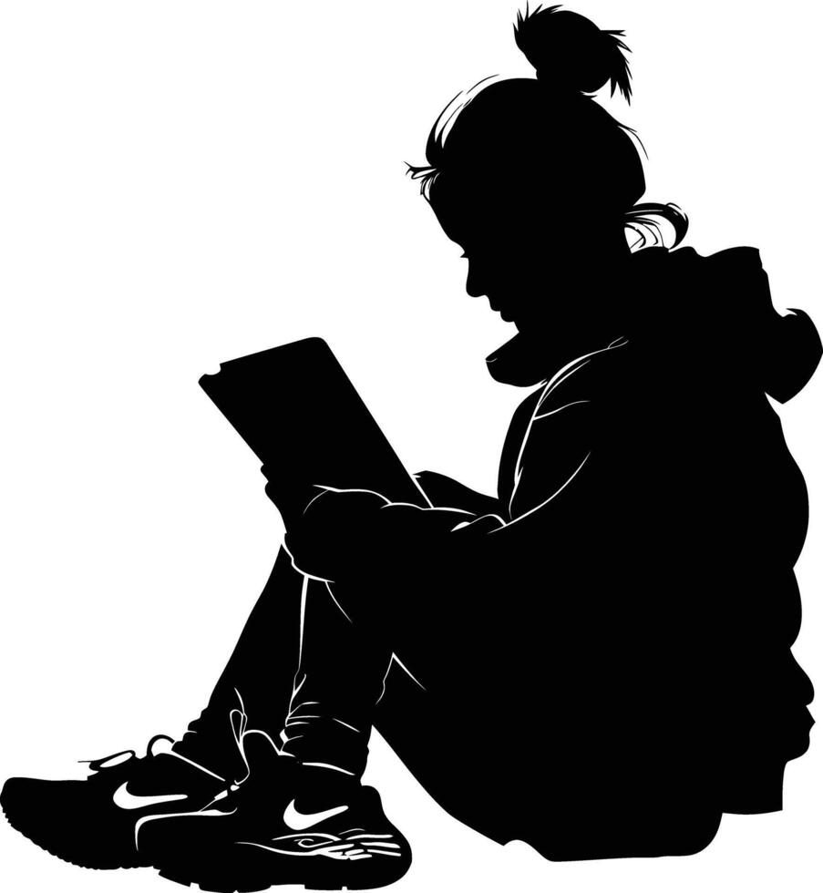 AI generated Silhouette teenager reading book black color only vector