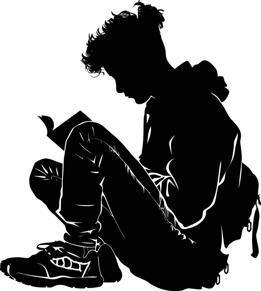 AI generated Silhouette teenager reading book black color only vector