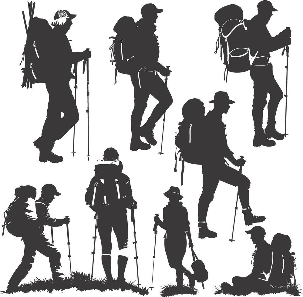 AI generated Silhouette hiking man activities black color only full body vector