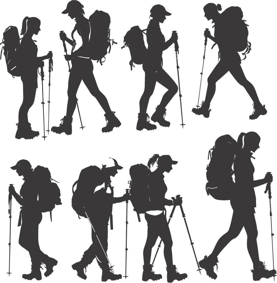 AI generated Silhouette hiking woman activities black color only vector