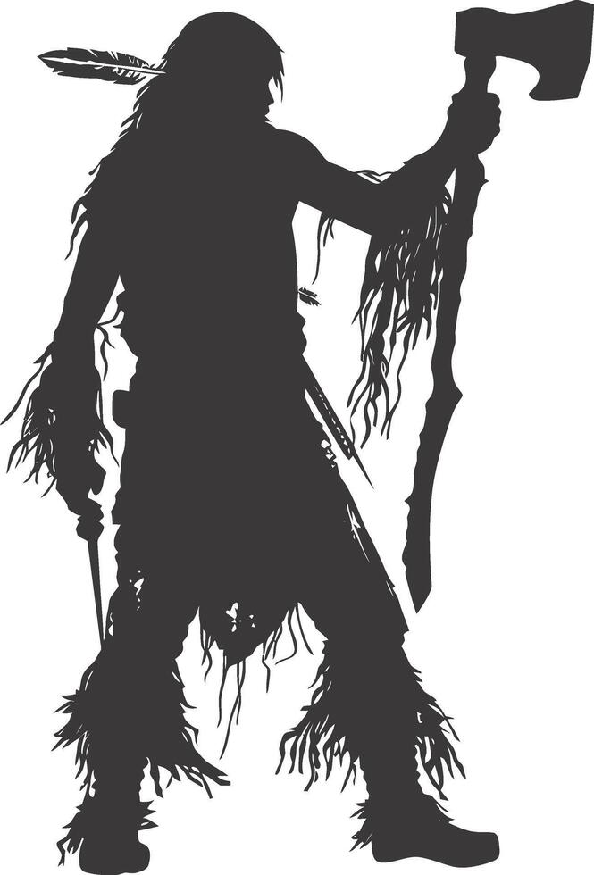 AI generated Silhouette native american man holding stone ax black color only vector
