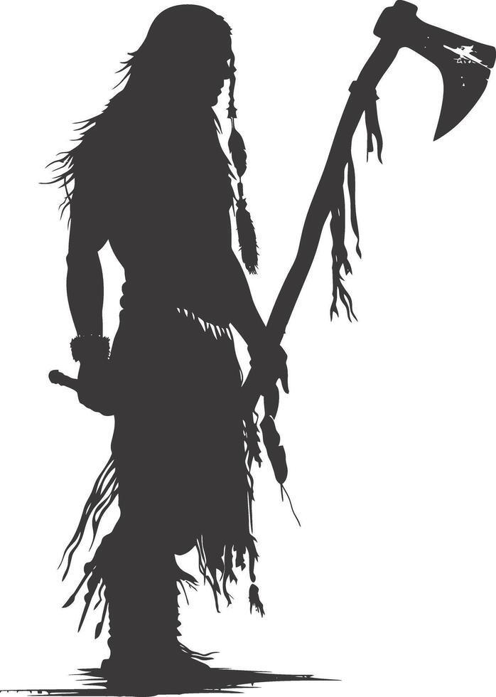 AI generated Silhouette native american man holding stone ax black color only vector