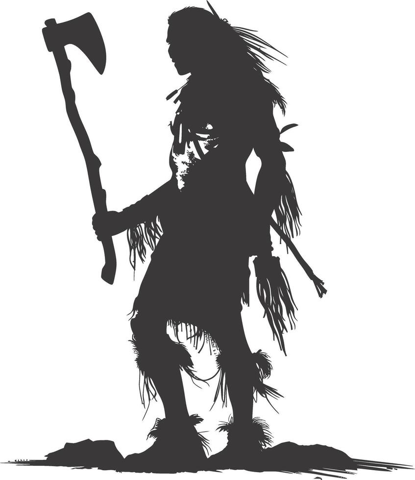 AI generated Silhouette native american man holding stone ax black color only vector