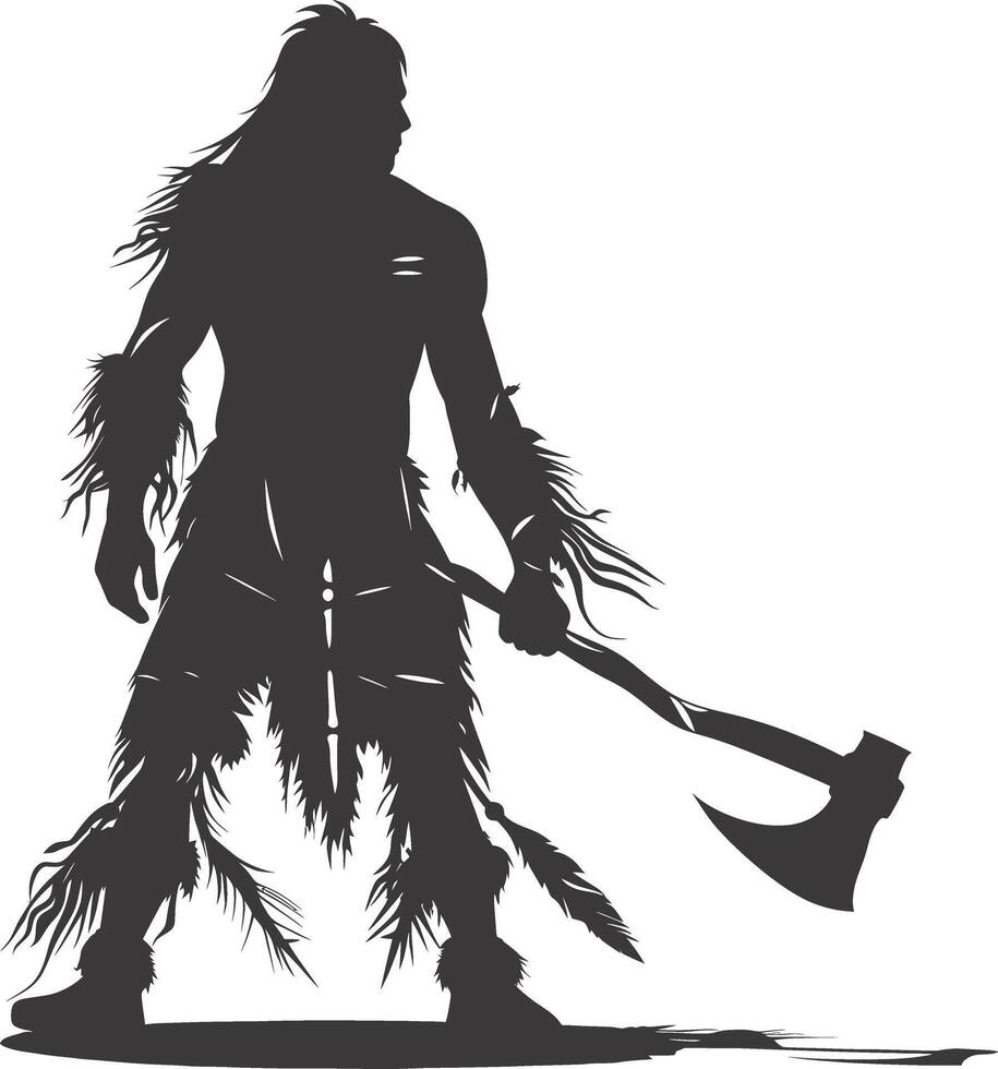 AI generated Silhouette native american man holding stone ax black color only vector