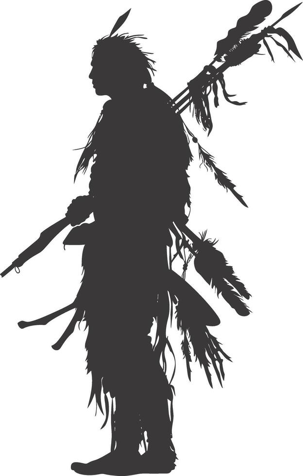 AI generated Silhouette native american man holding weapon black color only vector