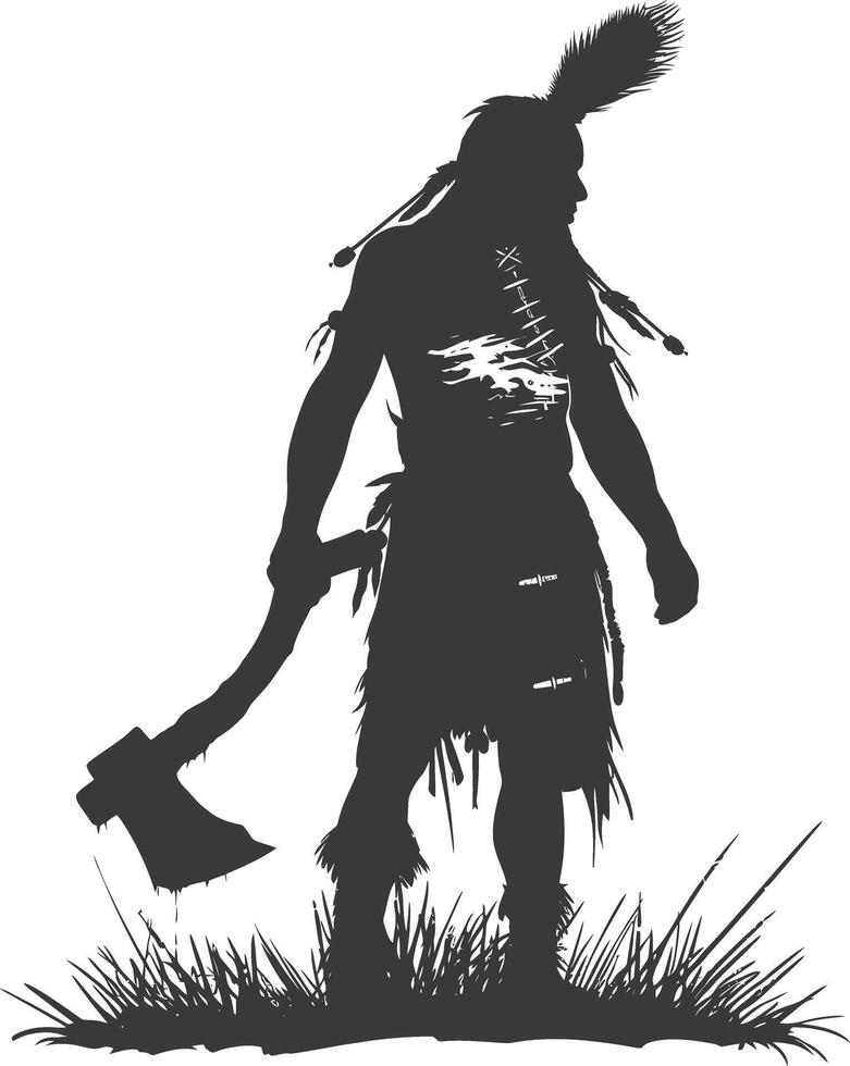 AI generated Silhouette native american man holding stone ax black color only vector