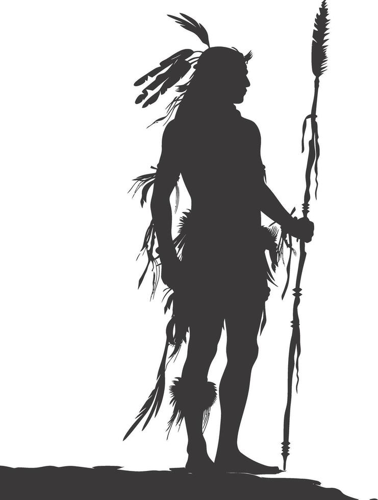 AI generated Silhouette native american man holding weapon black color only vector