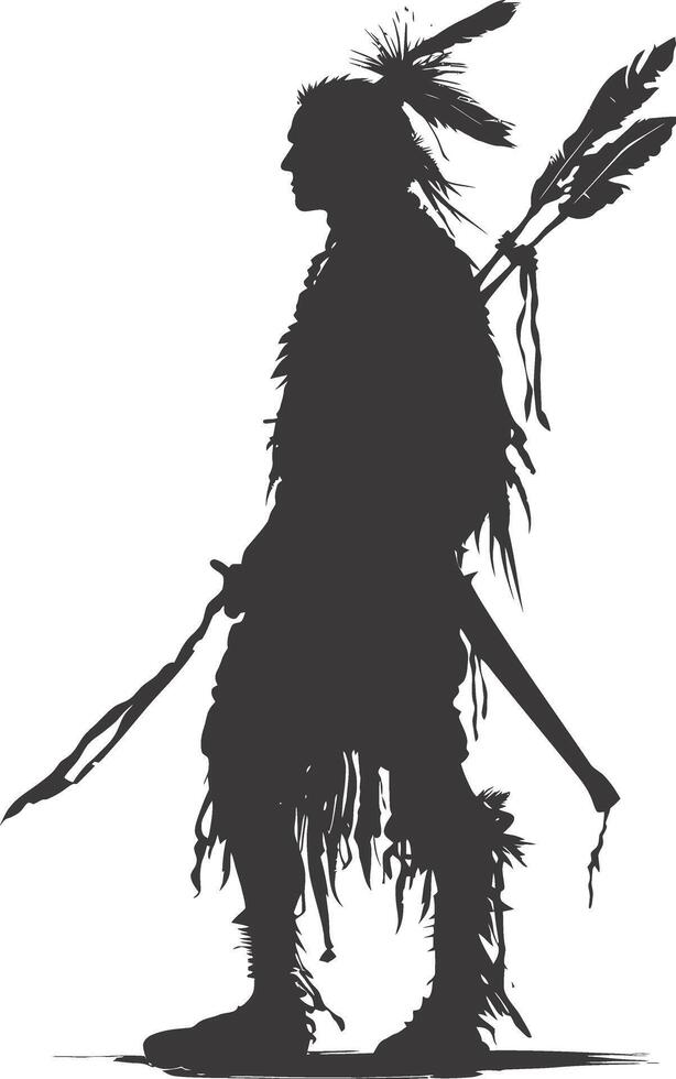 AI generated Silhouette native american man holding weapon black color only vector
