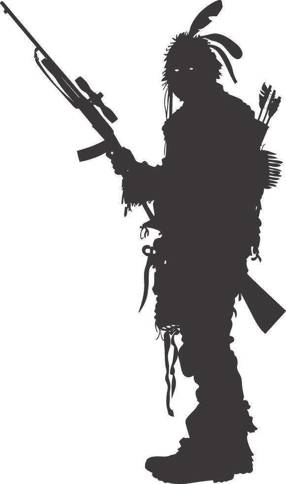 AI generated Silhouette native american man holding weapon black color only vector