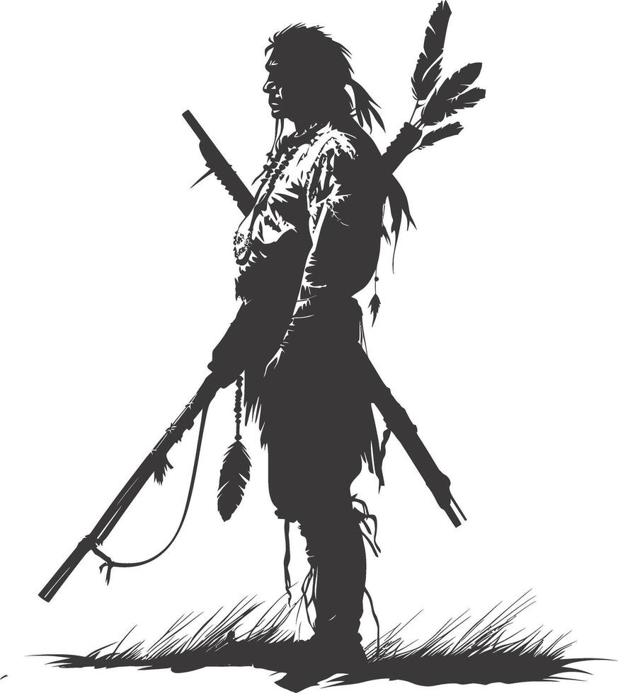 AI generated Silhouette native american man holding weapon black color only vector