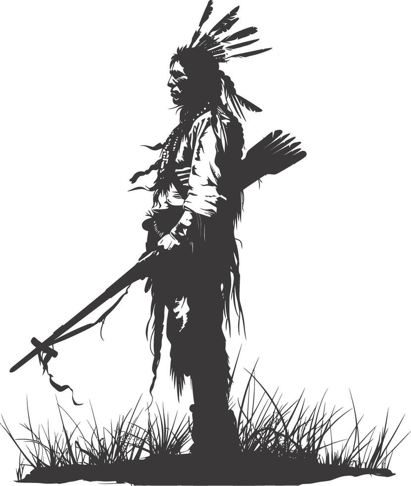 AI generated Silhouette native american man holding weapon black color only vector
