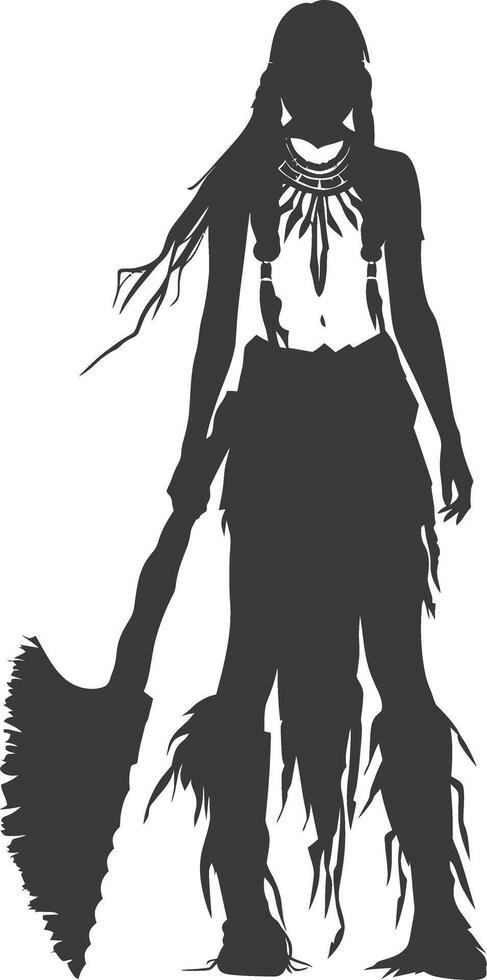 AI generated Silhouette native american woman holding stone ax black color only full body vector