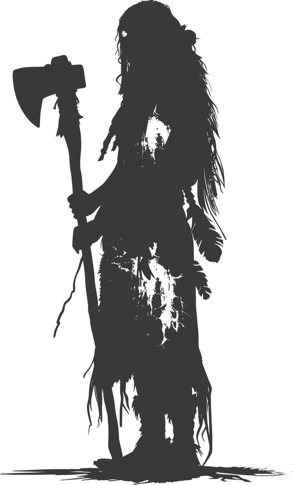 AI generated Silhouette native american woman holding stone ax black color only full body vector