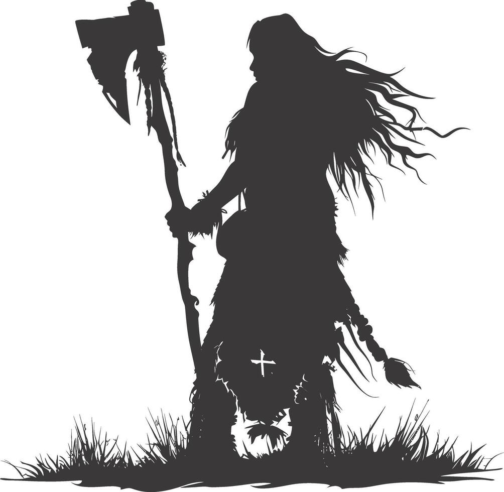 AI generated Silhouette native american woman holding stone ax black color only full body vector