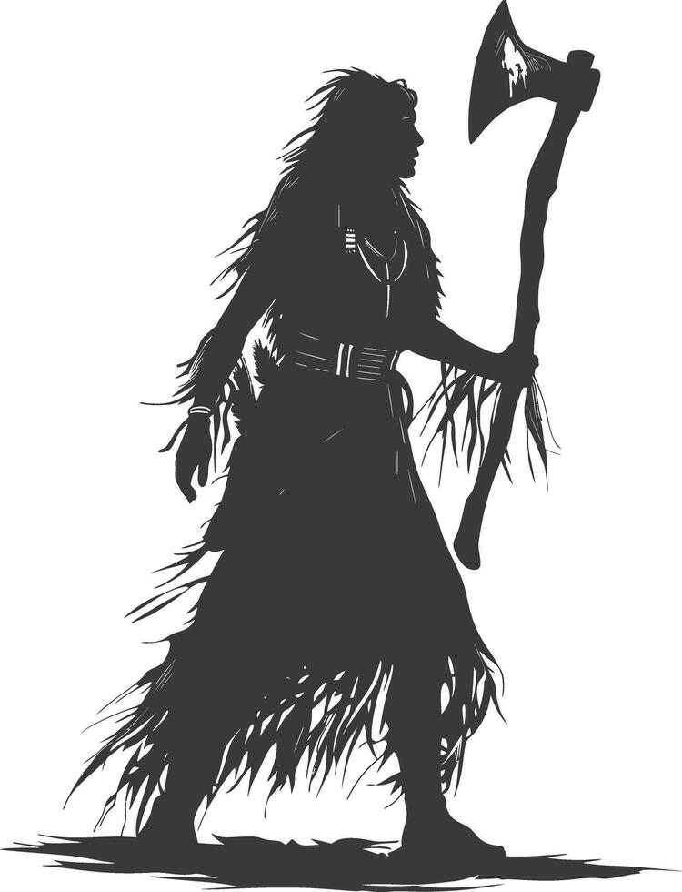 AI generated Silhouette native american woman holding stone ax black color only full body vector