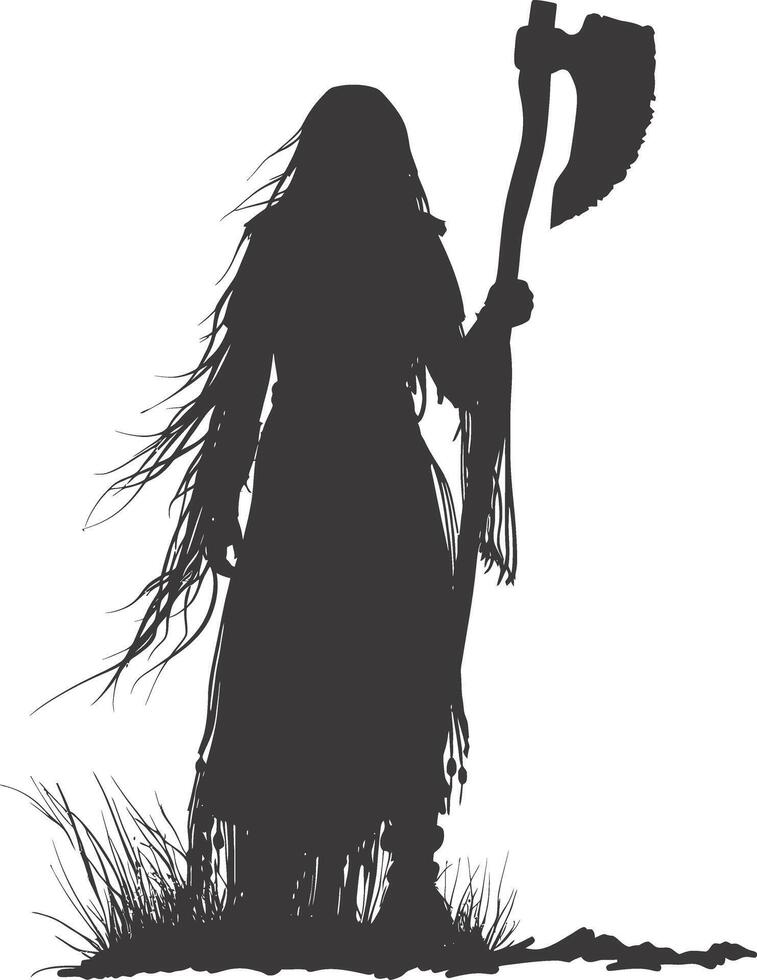 AI generated Silhouette native american woman holding stone ax black color only full body vector