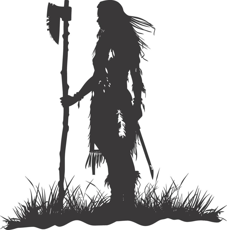 AI generated Silhouette native american woman holding stone ax black color only full body vector