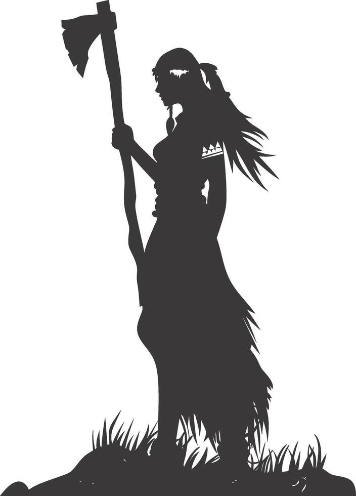 AI generated Silhouette native american woman holding stone ax black color only full body vector