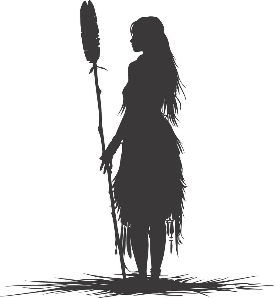 AI generated Silhouette native american woman holding stone weapon black color only full body vector