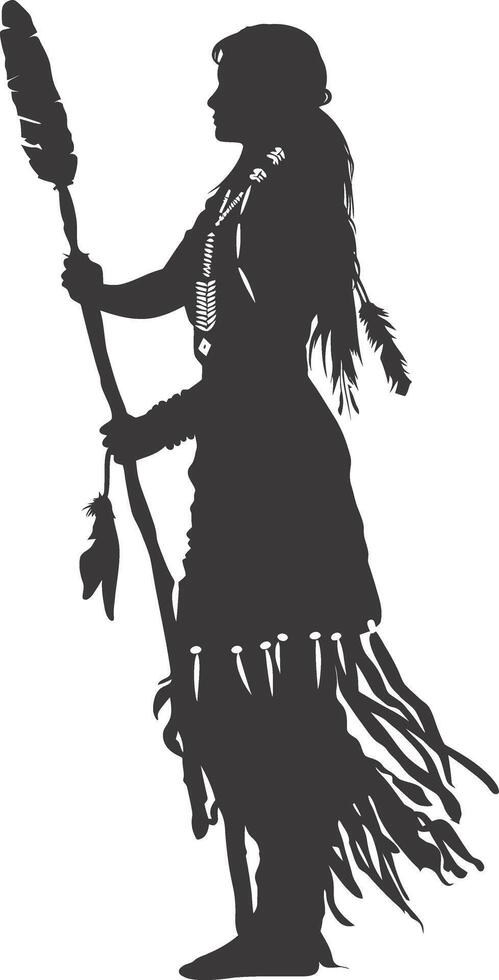 AI generated Silhouette native american woman holding stone weapon black color only full body vector