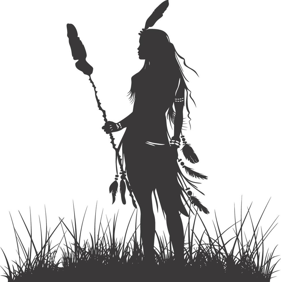 AI generated Silhouette native american woman holding stone weapon black color only full body vector