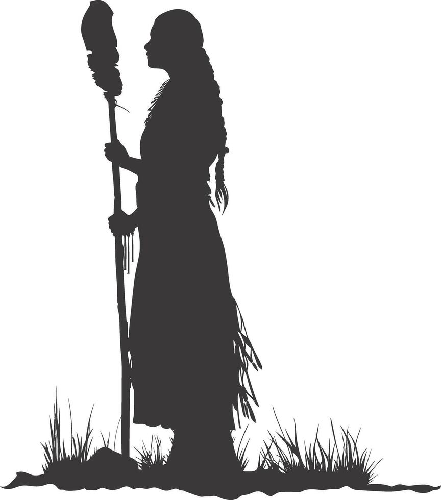 AI generated Silhouette native american woman holding stone weapon black color only full body vector