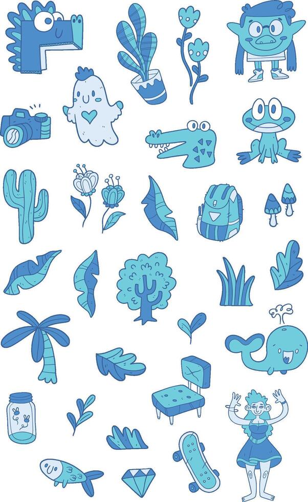 Cute Colorful and Bright Character Icon Pack Blue vector