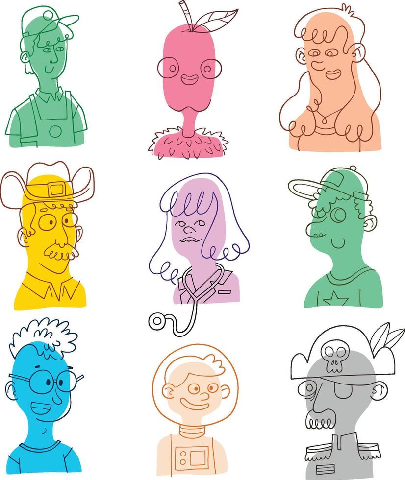 linda vistoso y brillante forma retrato personas caracteres dibujos animados cabezas vector