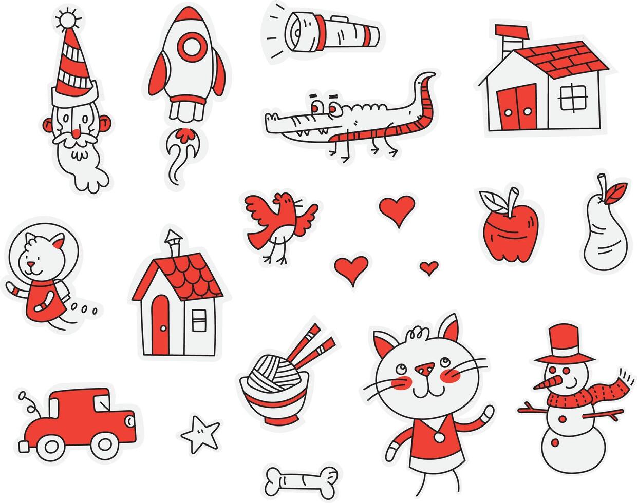 Cute Colorful Icon Pack Flashlight House Rocket Cat Snowman Car Space vector