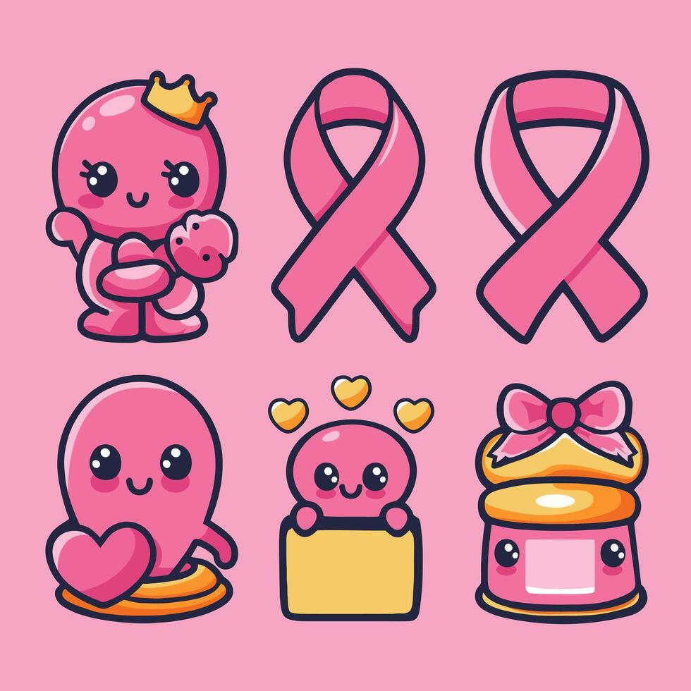 pecho cáncer conciencia rosado cinta vector icono colocar. linda dibujos animados estilo